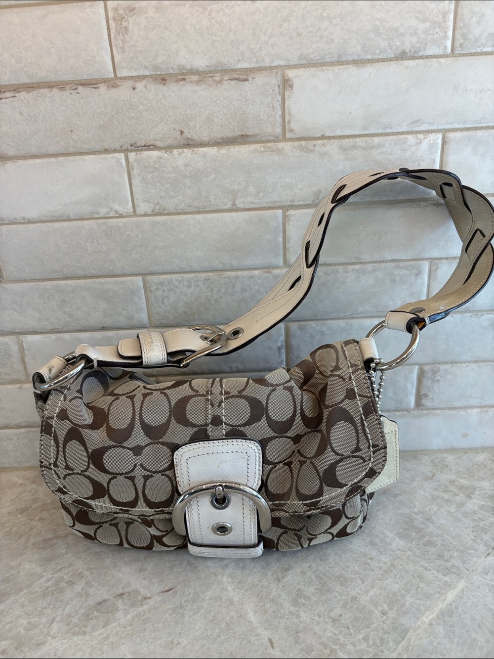 Coach Beige and Brown Canvas Shoulder Bag with White Trim